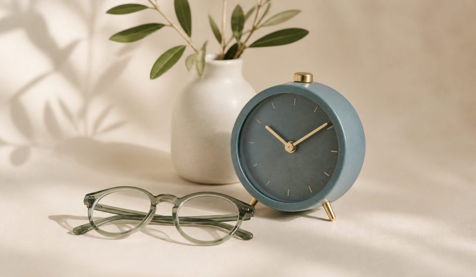 Nightstand with alarm clock and eyeglasses - illustration for how better sleep boosts your overall health and wellness