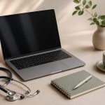 Laptop with stethoscope and notepad nearby - illustration for Telemedicine: How Online Clinic Consultations Work