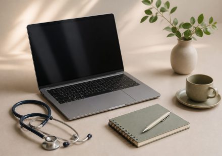 Laptop with stethoscope and notepad nearby - illustration for Telemedicine: How Online Clinic Consultations Work