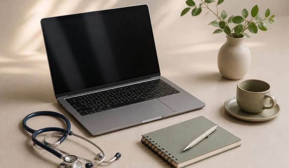 Laptop with stethoscope and notepad nearby - illustration for Telemedicine: How Online Clinic Consultations Work