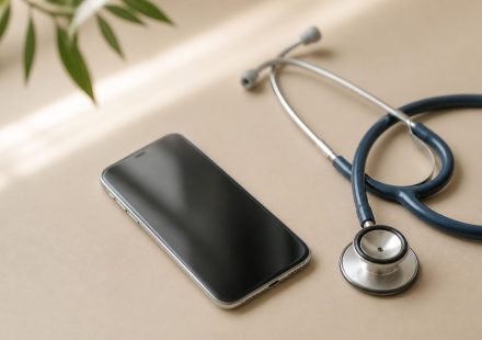 Smartphone beside stethoscope on table - illustration for Telemedicine vs In-Person Visits: Which Is Right for You?
