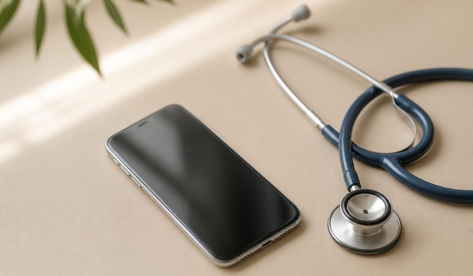 Smartphone beside stethoscope on table - illustration for Telemedicine vs In-Person Visits: Which Is Right for You?