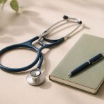 Stethoscope beside a notebook and pen - illustration for The benefits, challenges, and future of concierge medicine.