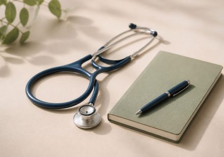 Stethoscope beside a notebook and pen - illustration for The benefits, challenges, and future of concierge medicine.