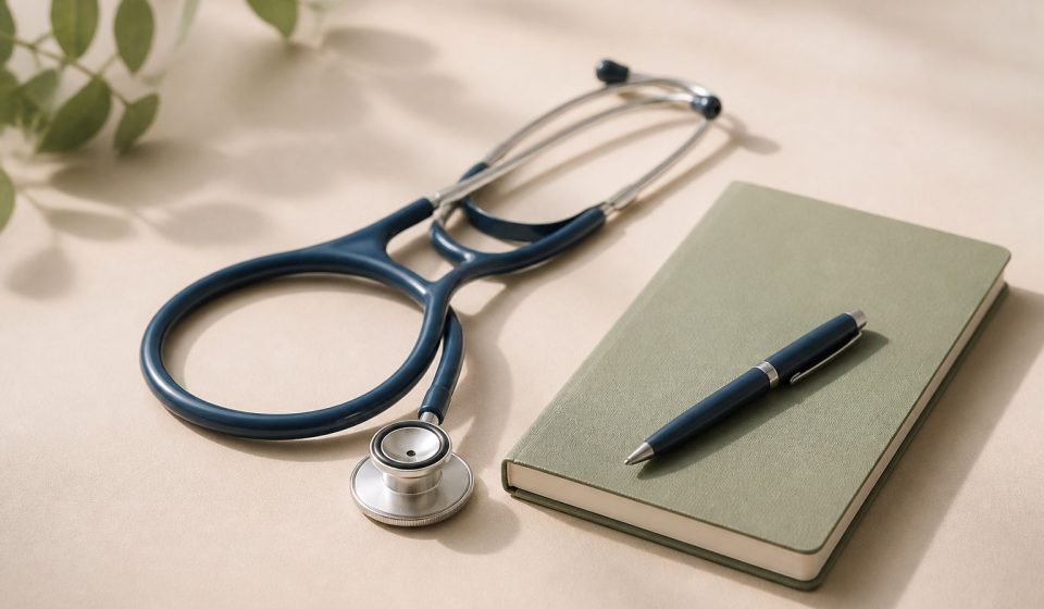 Stethoscope beside a notebook and pen - illustration for The benefits, challenges, and future of concierge medicine.