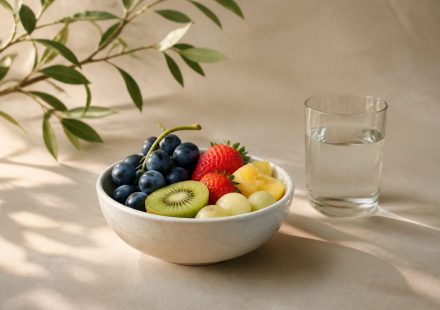 Bowl of fresh fruit and glass of water - illustration for The Connection Between Gut Health and Overall Wellness