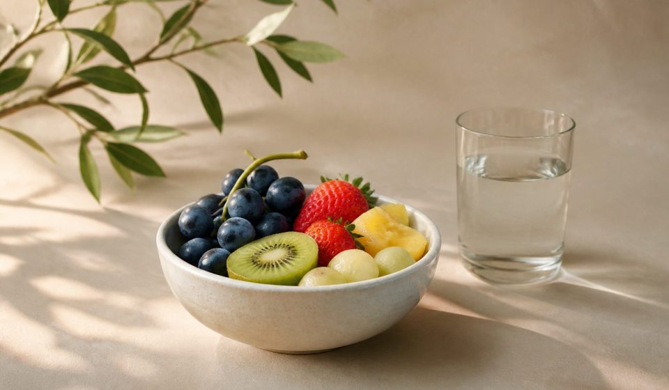 Bowl of fresh fruit and glass of water - illustration for The Connection Between Gut Health and Overall Wellness