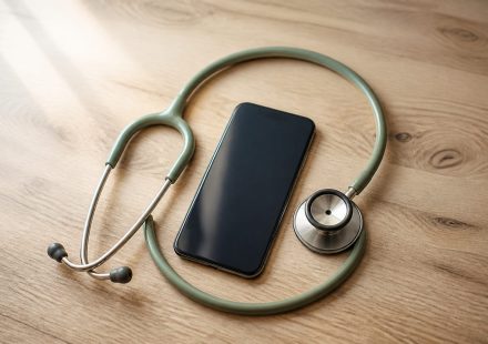 Smartphone and stethoscope on wooden table - illustration for Why telemedicine and virtual care are vital to healthcare today