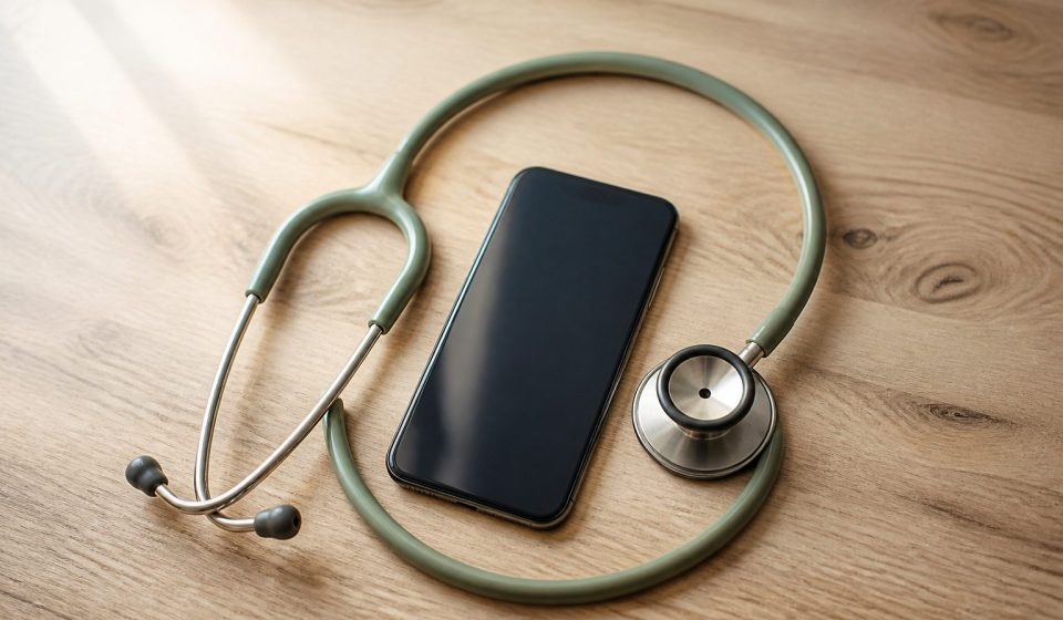 Smartphone and stethoscope on wooden table - illustration for Why telemedicine and virtual care are vital to healthcare today