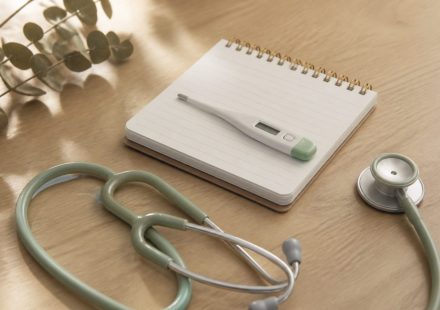 Stethoscope thermometer notepad on wooden table - illustration for how regular health checkups boost long-term wellness and prevention