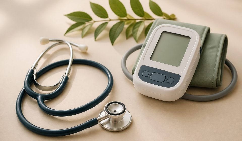 Stethoscope next to a digital blood pressure monitor - illustration for why early health screenings matter before symptoms appear