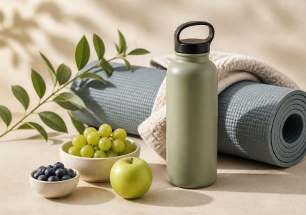 Yoga mat water bottle and fresh fruit - illustration for How mental well-being boosts your physical health and happiness