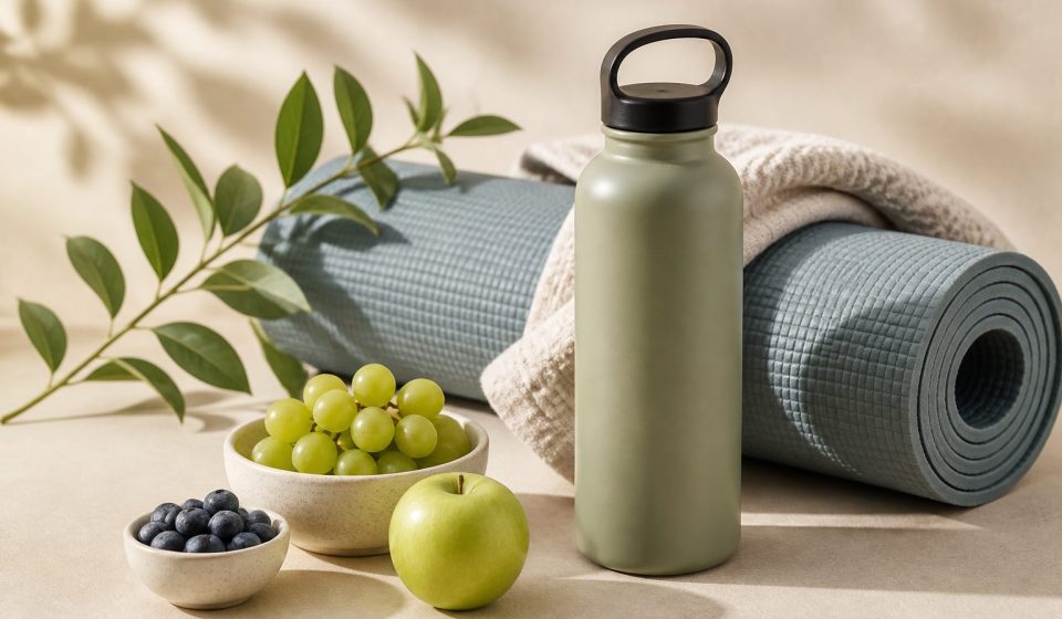 Yoga mat water bottle and fresh fruit - illustration for How mental well-being boosts your physical health and happiness
