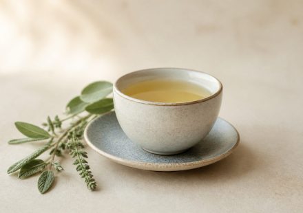 Calm teacup with herbal leaves nearby - illustration for The Link Between Stress and Physical Health: How Chronic Stress Affects Your Body and Well-Being