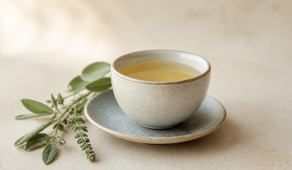 Calm teacup with herbal leaves nearby - illustration for The Link Between Stress and Physical Health: How Chronic Stress Affects Your Body and Well-Being