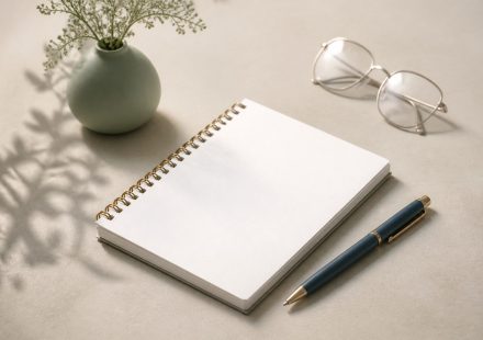 Desk with notepad pen and glasses - illustration for The Role of Social Workers in Clinic-Based Healthcare
