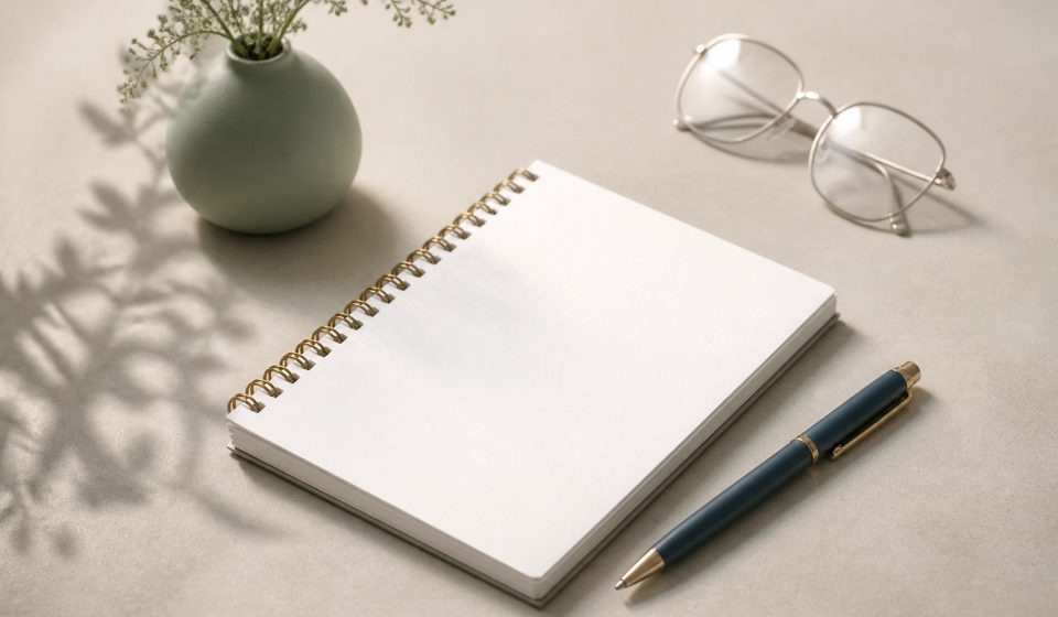 Desk with notepad pen and glasses - illustration for The Role of Social Workers in Clinic-Based Healthcare