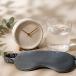 Alarm clock glass of water and sleep mask - illustration for How your body reacts to sudden routine changes and stress