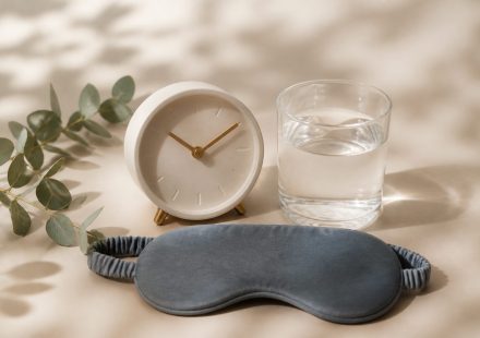 Alarm clock glass of water and sleep mask - illustration for How your body reacts to sudden routine changes and stress