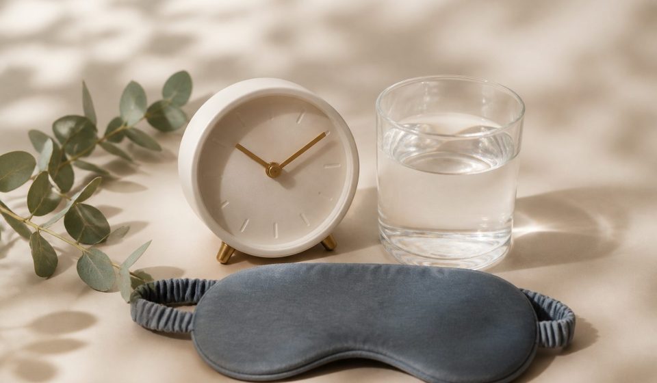 Alarm clock glass of water and sleep mask - illustration for How your body reacts to sudden routine changes and stress