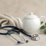 Stethoscope next to a white ceramic teapot - illustration for Thyroid Problems: Symptoms, Tests and Treatment at Clinics