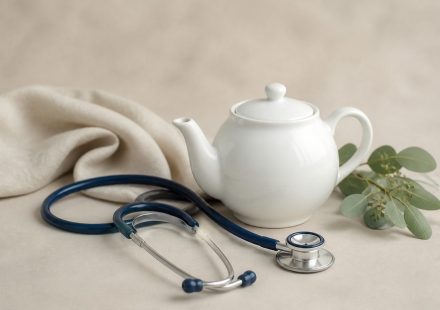 Stethoscope next to a white ceramic teapot - illustration for Thyroid Problems: Symptoms, Tests and Treatment at Clinics