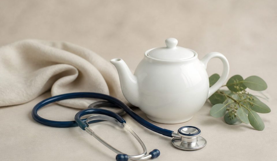 Stethoscope next to a white ceramic teapot - illustration for Thyroid Problems: Symptoms, Tests and Treatment at Clinics