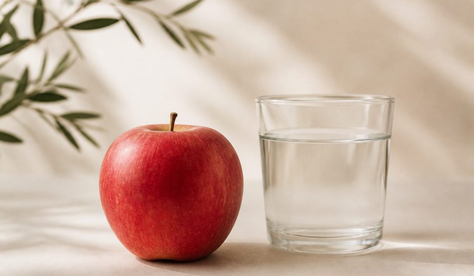 Red apple beside a glass of water - illustration for Top Heart Health Tips Recommended by Doctors: Proven Ways to Keep Your Heart Strong and Healthy