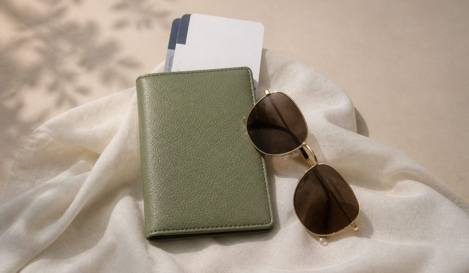 Passport wallet with boarding pass and sunglasses - illustration for Why checking your health info before travel is crucial