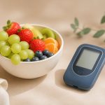 Glucose meter next to fresh fruit bowl - illustration for Understanding Diabetes: Symptoms, Causes, and Prevention Tips