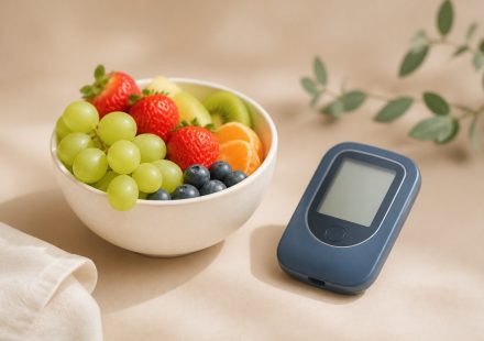 Glucose meter next to fresh fruit bowl - illustration for Understanding Diabetes: Symptoms, Causes, and Prevention Tips