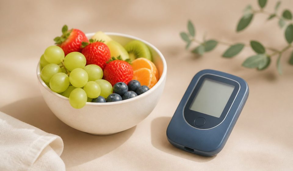 Glucose meter next to fresh fruit bowl - illustration for Understanding Diabetes: Symptoms, Causes, and Prevention Tips