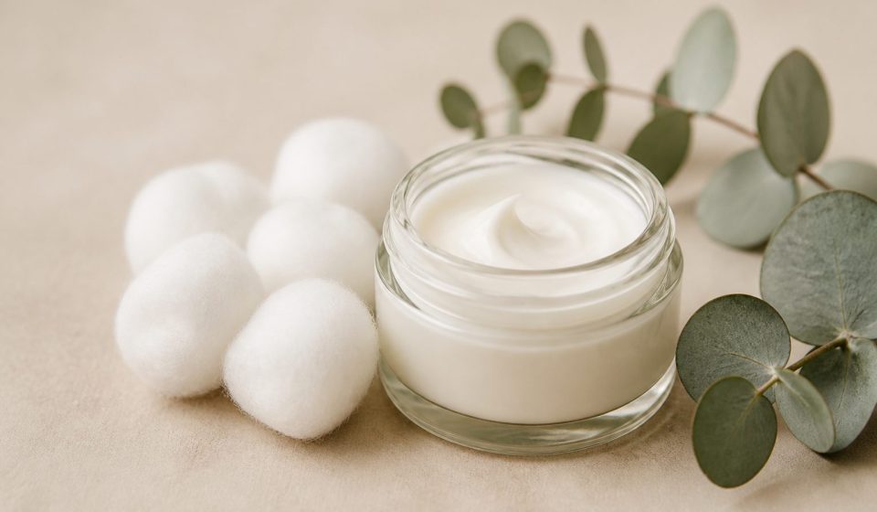 Jar of soothing cream beside cotton balls - illustration for Understanding eczema symptoms and how to manage them for healthy skin
