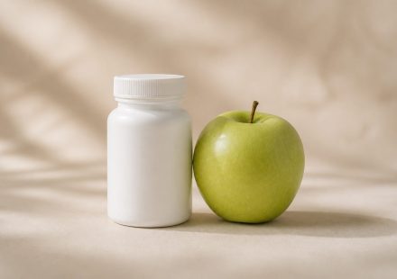 White pill bottle next to fresh green apple - illustration for Understanding Preventive Medicine and Its Benefits