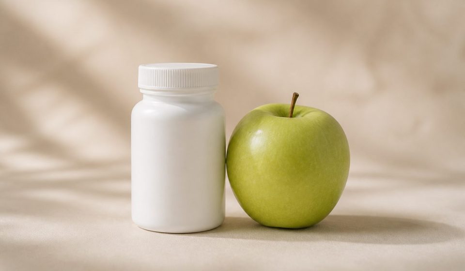 White pill bottle next to fresh green apple - illustration for Understanding Preventive Medicine and Its Benefits