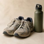 Pair of worn running shoes and water bottle - illustration for How a sedentary lifestyle harms strength, mobility, and movement