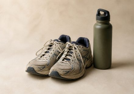 Pair of worn running shoes and water bottle - illustration for How a sedentary lifestyle harms strength, mobility, and movement