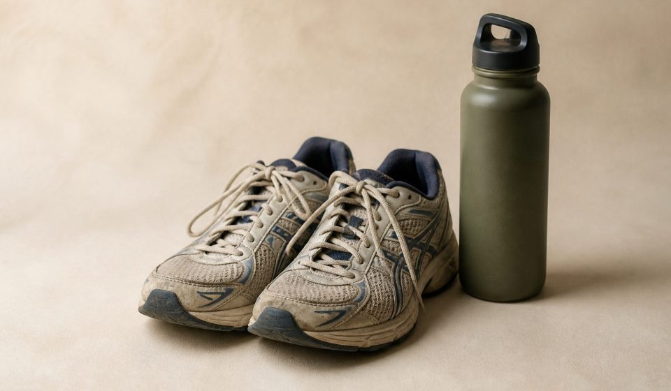 Pair of worn running shoes and water bottle - illustration for How a sedentary lifestyle harms strength, mobility, and movement