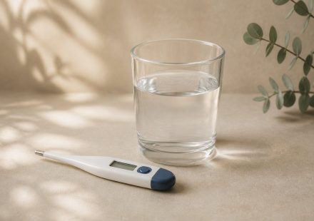 Thermometer and glass of water on table - illustration for Warning signs your body shouldn’t ignore before a doctor visit