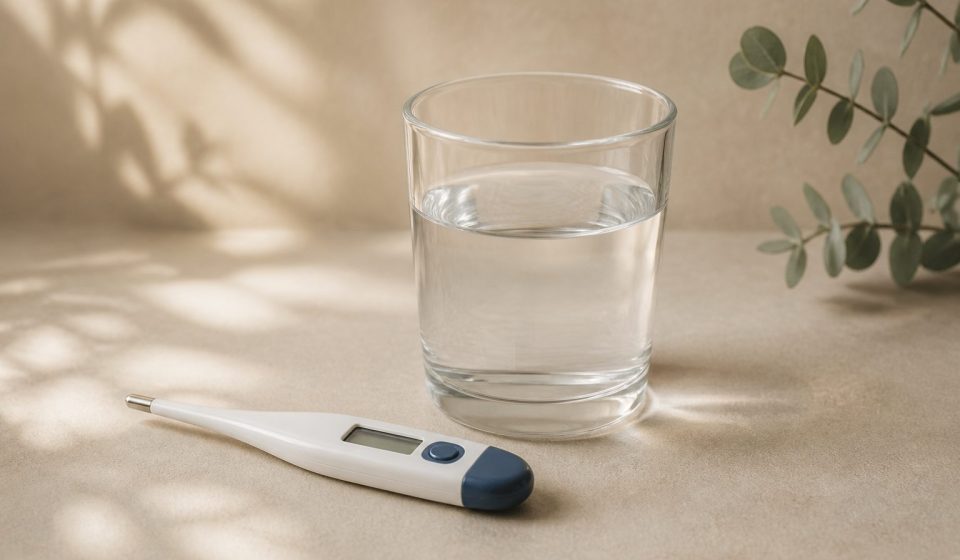 Thermometer and glass of water on table - illustration for Warning signs your body shouldn’t ignore before a doctor visit