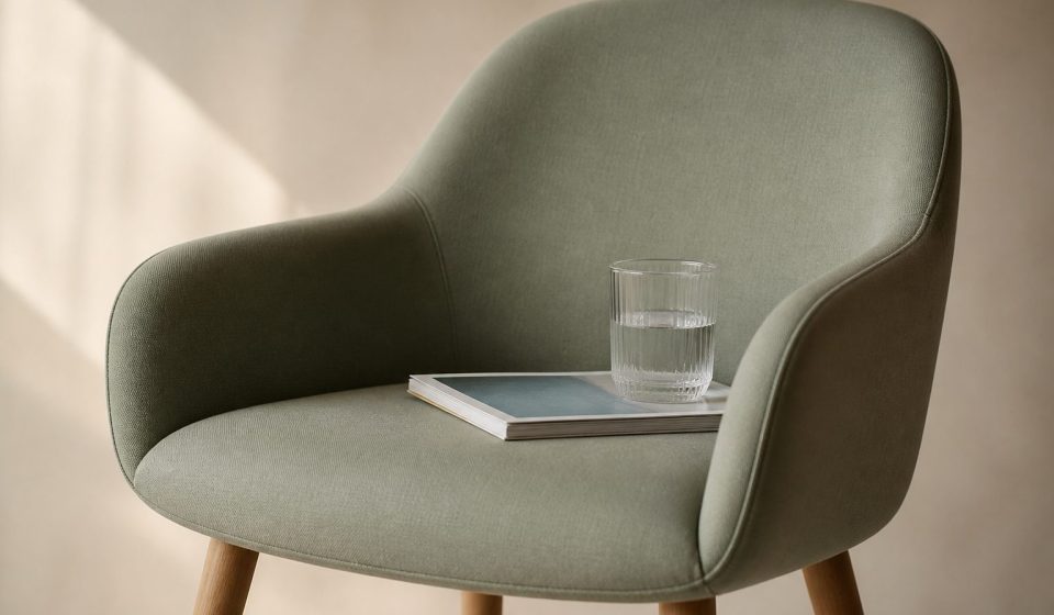 Waiting room chair with magazine and water cup - illustration for What to Expect During Your First Clinic Visit