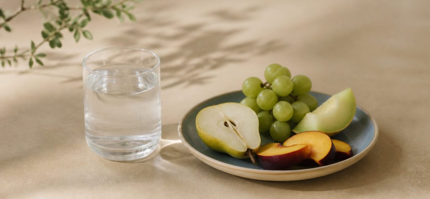 Glass of water, plate of fruit, kitchen table - illustration for What your annual blood tests really reveal about health