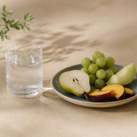 Glass of water, plate of fruit, kitchen table - illustration for What your annual blood tests really reveal about health