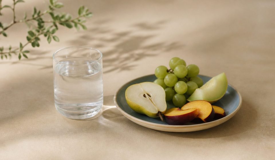 Glass of water, plate of fruit, kitchen table - illustration for What your annual blood tests really reveal about health