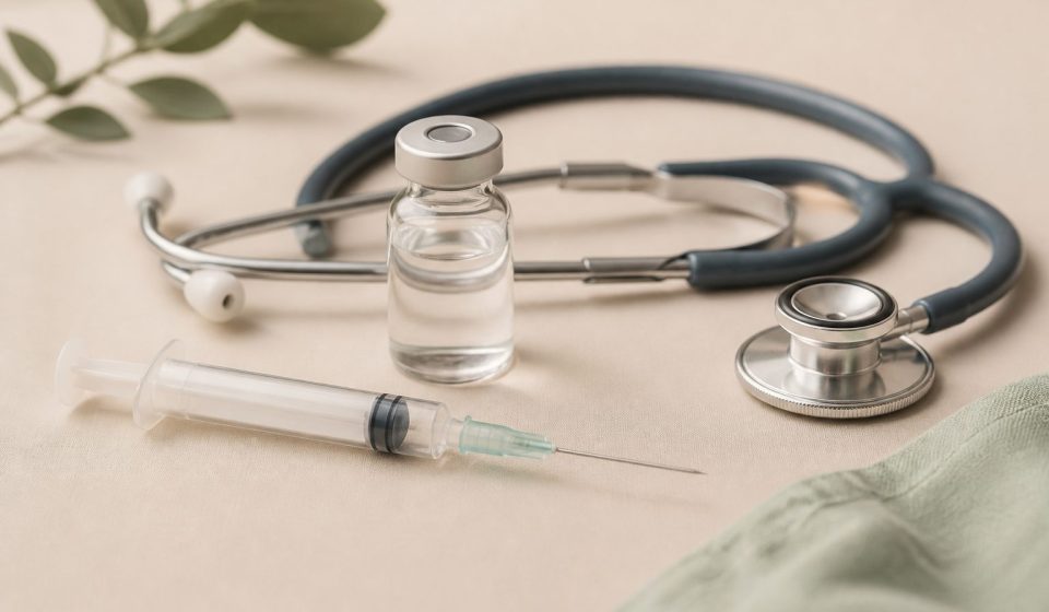 Syringe with vial and stethoscope on table - illustration for Why annual blood tests are key to understanding your health