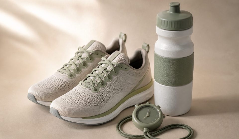 Running shoes water bottle and stopwatch - illustration for Why changes in exercise tolerance signal a need for safer fitness