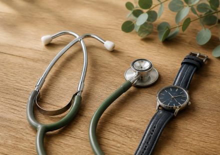 Stethoscope and wristwatch on wooden table - illustration for Why Every Adult Should Schedule Regular Health Assessments: The Key to Preventive Healthcare and Long-Term Wellness