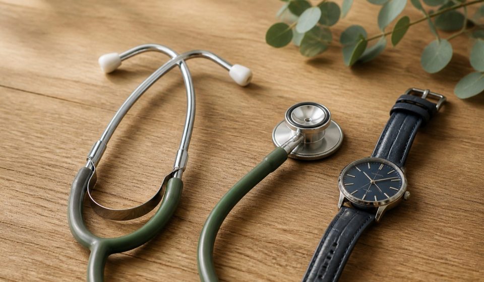 Stethoscope and wristwatch on wooden table - illustration for Why Every Adult Should Schedule Regular Health Assessments: The Key to Preventive Healthcare and Long-Term Wellness