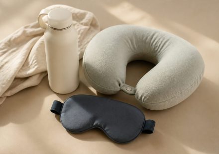 Eye mask water bottle neck pillow on tray table - illustration for Why Long Flights Can Affect the Body Differently