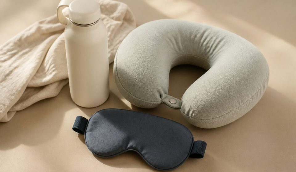 Eye mask water bottle neck pillow on tray table - illustration for Why Long Flights Can Affect the Body Differently